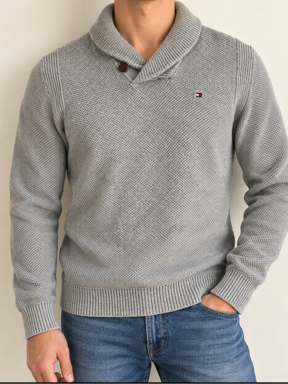 Tommy Hilfiger Men’s Light Gray Shawl Collar Turtleneck Sweater